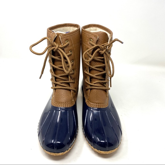 New in Box Brown Navy Blue Faux Fur Vegan Leather Waterproof Duck Boots - Picture 8 of 11